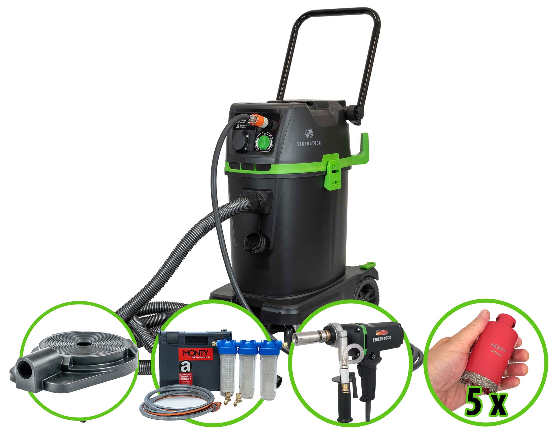 WRS-System I / AS-Filterbox / FREI HAND Nass-Bohr-System / 5 Bohrkronen 50 mm NASS – Bohrwasser-Recyclingsystem / Nassbo