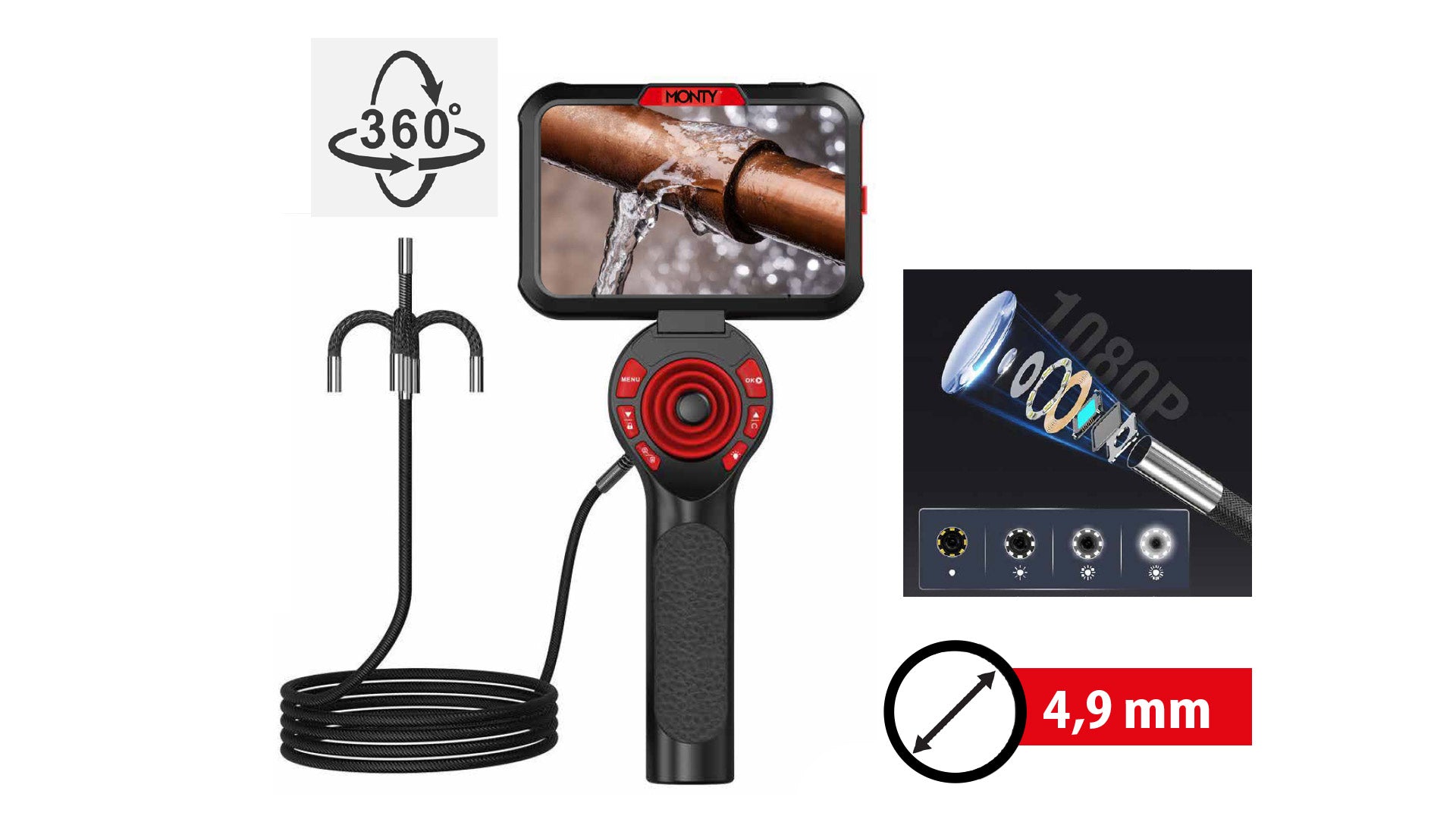 4 Wege FLEX-ENDOSKOP 360, 5" LCD Bildschirm – Artikulierendes / Endoskopkamera