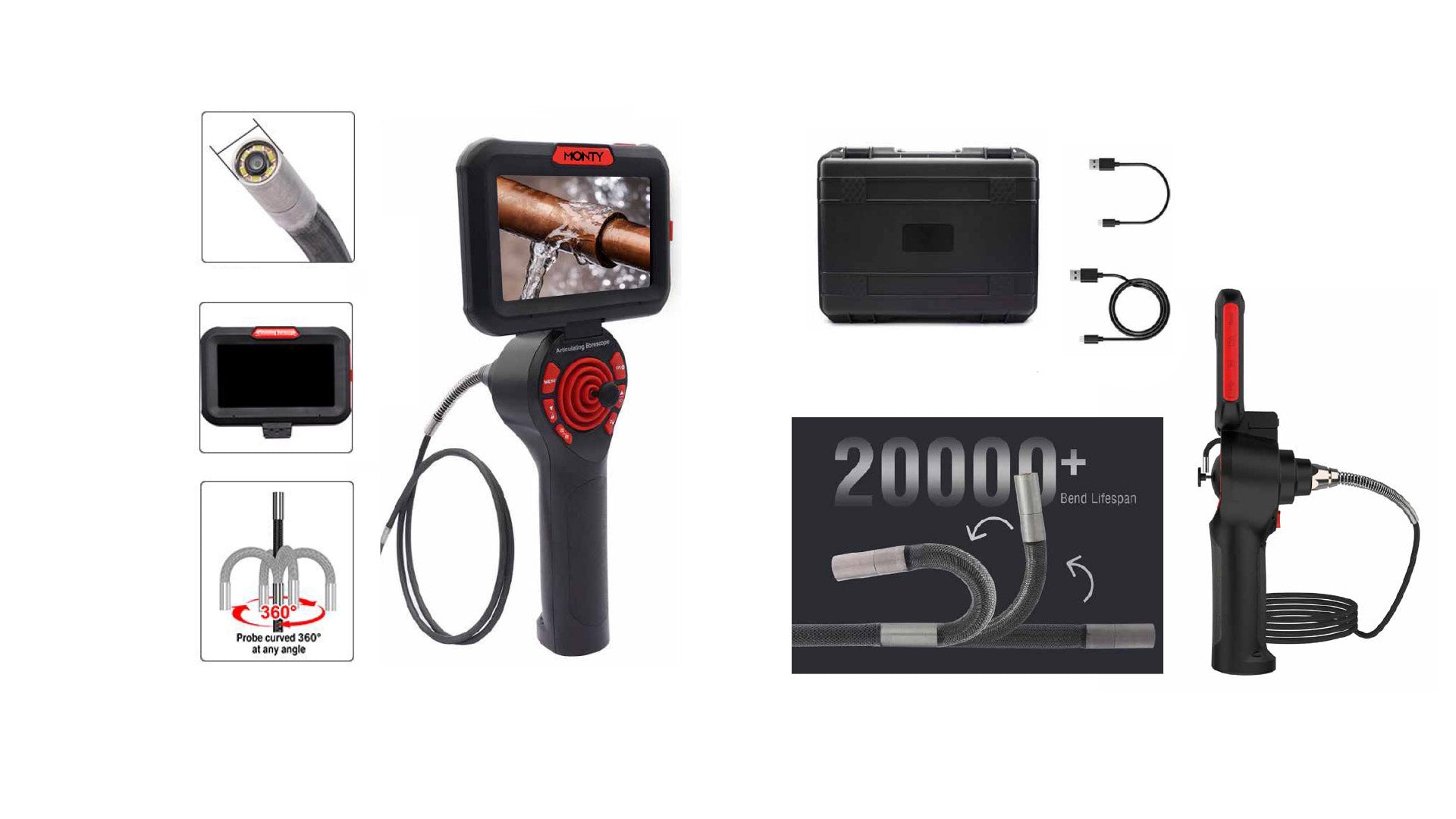 4 Wege FLEX-ENDOSKOP 360, 5" LCD Bildschirm – Artikulierendes / Endoskopkamera