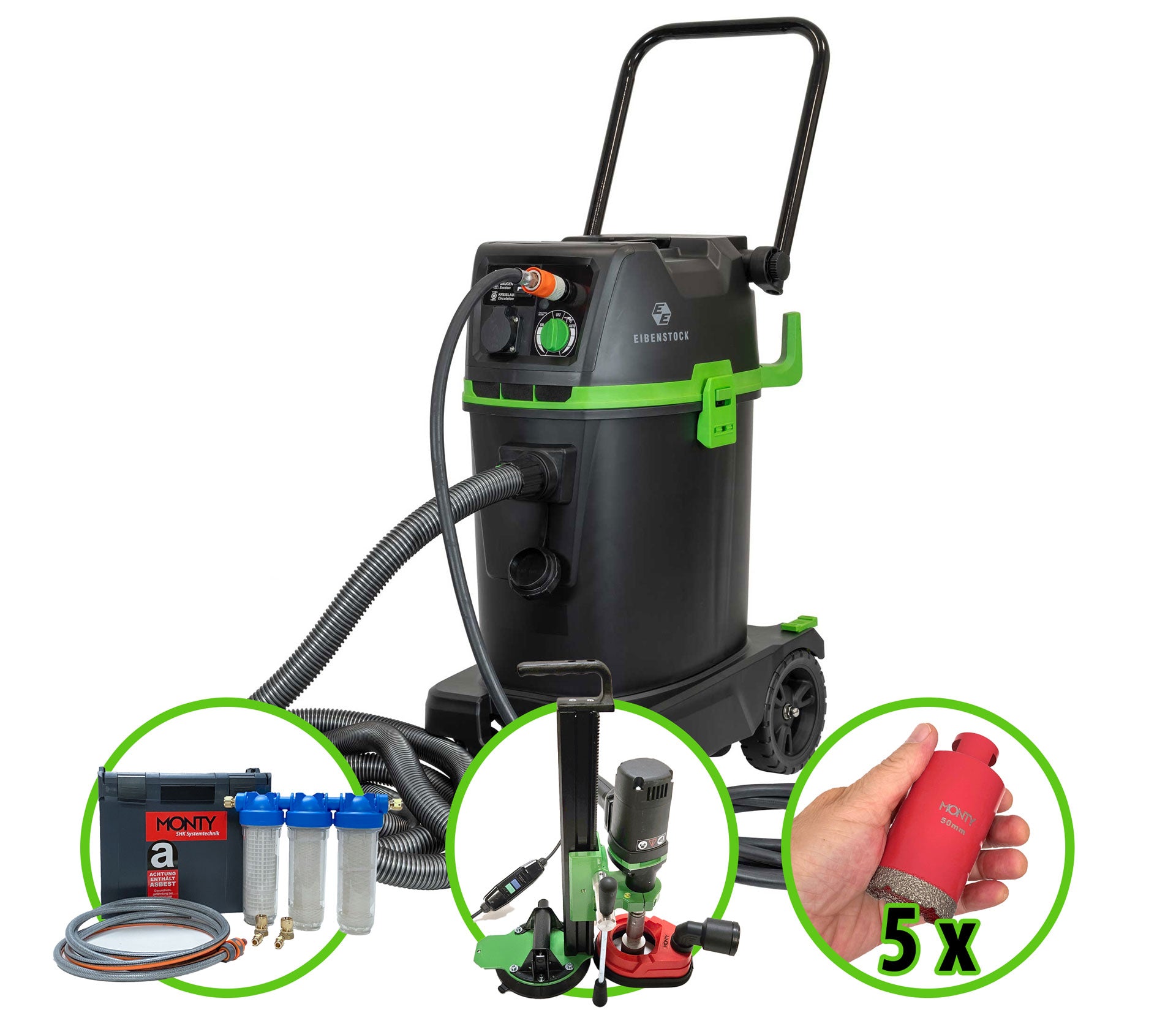 WRS-System II /AS-Filterbox / STATIV Nass-Bohr-System / 5 Bohrkronen 50 mm – Bohrwasser-Recyclingsystem / Nassbohren