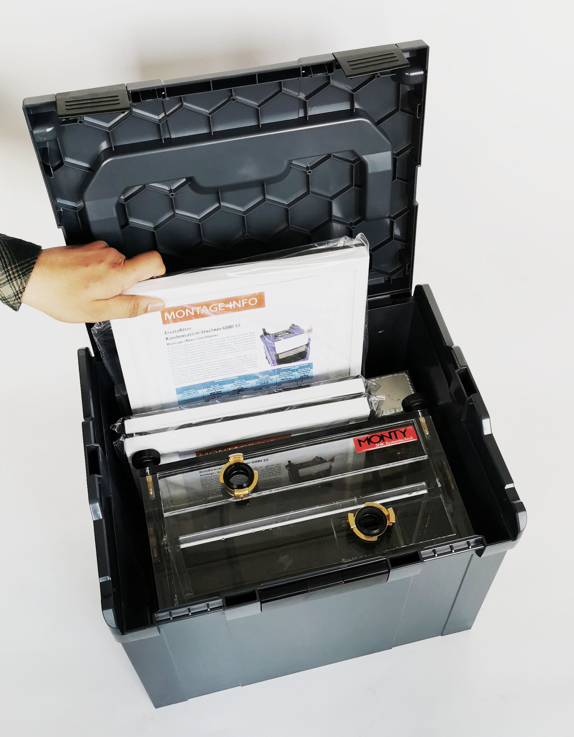 GOBI-W Wasserfalle in der Sortimobox mit 2 Filtern 