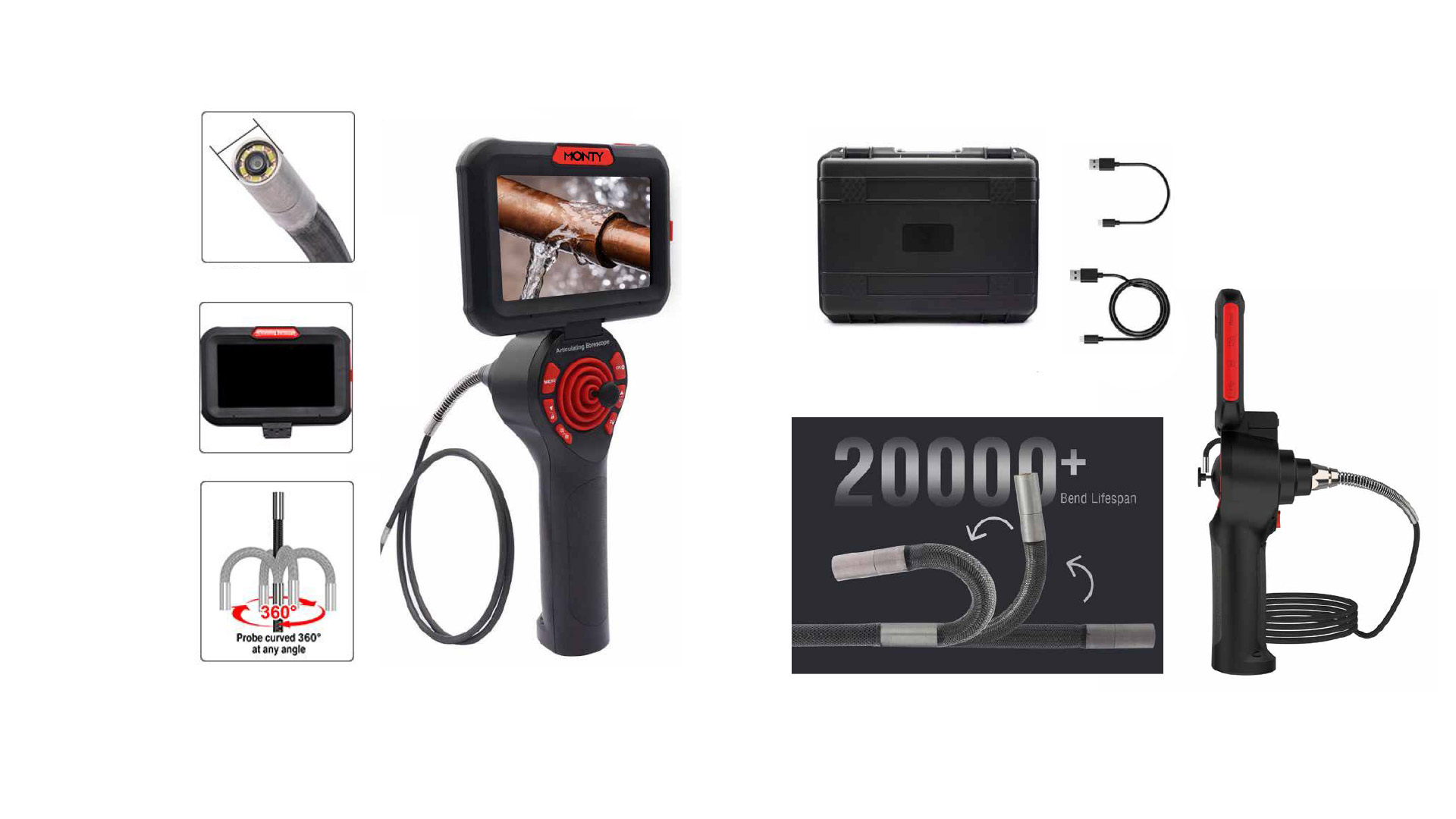 4 Wege FLEX-ENDOSKOP 360, 5" LCD Bildschirm